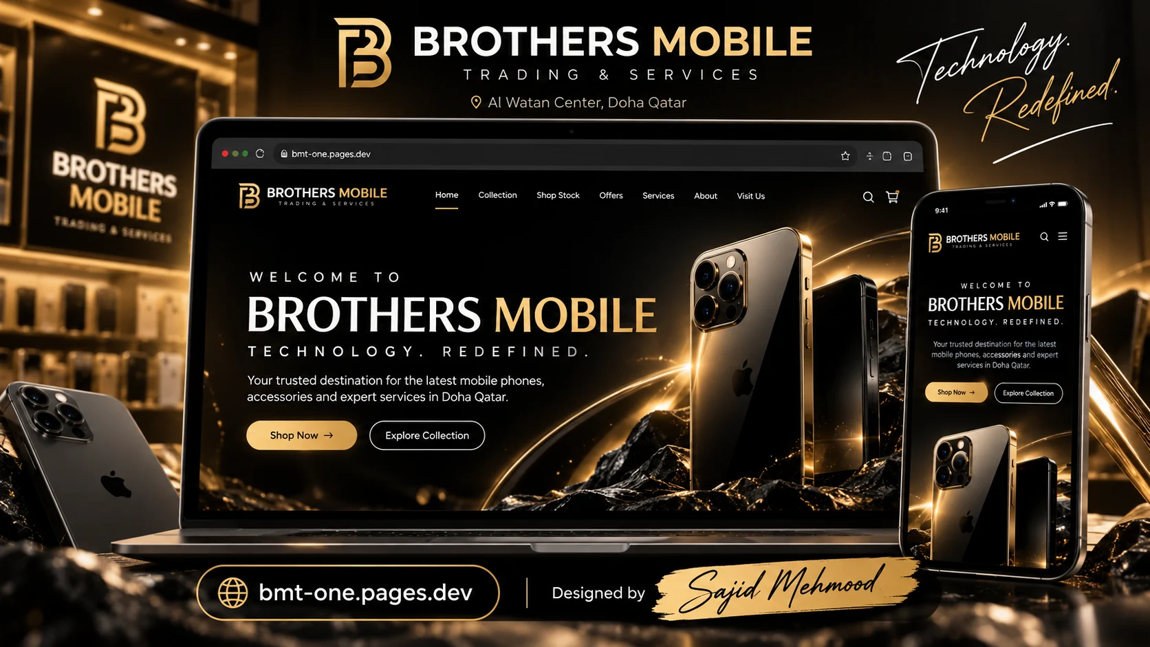 Brothers Mobile Trading and Services, a luxury black-and-gold website showcased on laptop and mobile, designed by Sajid Mehmood